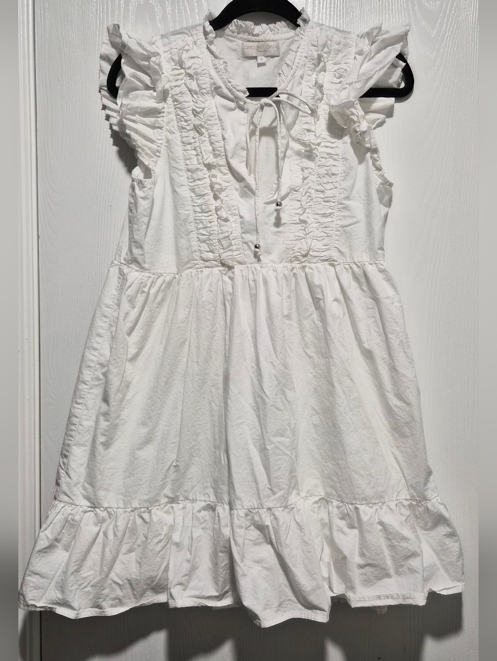 Caroline Constas White Cotton Flutter Sleeve Ruffle Babydoll Mini Dress Size S